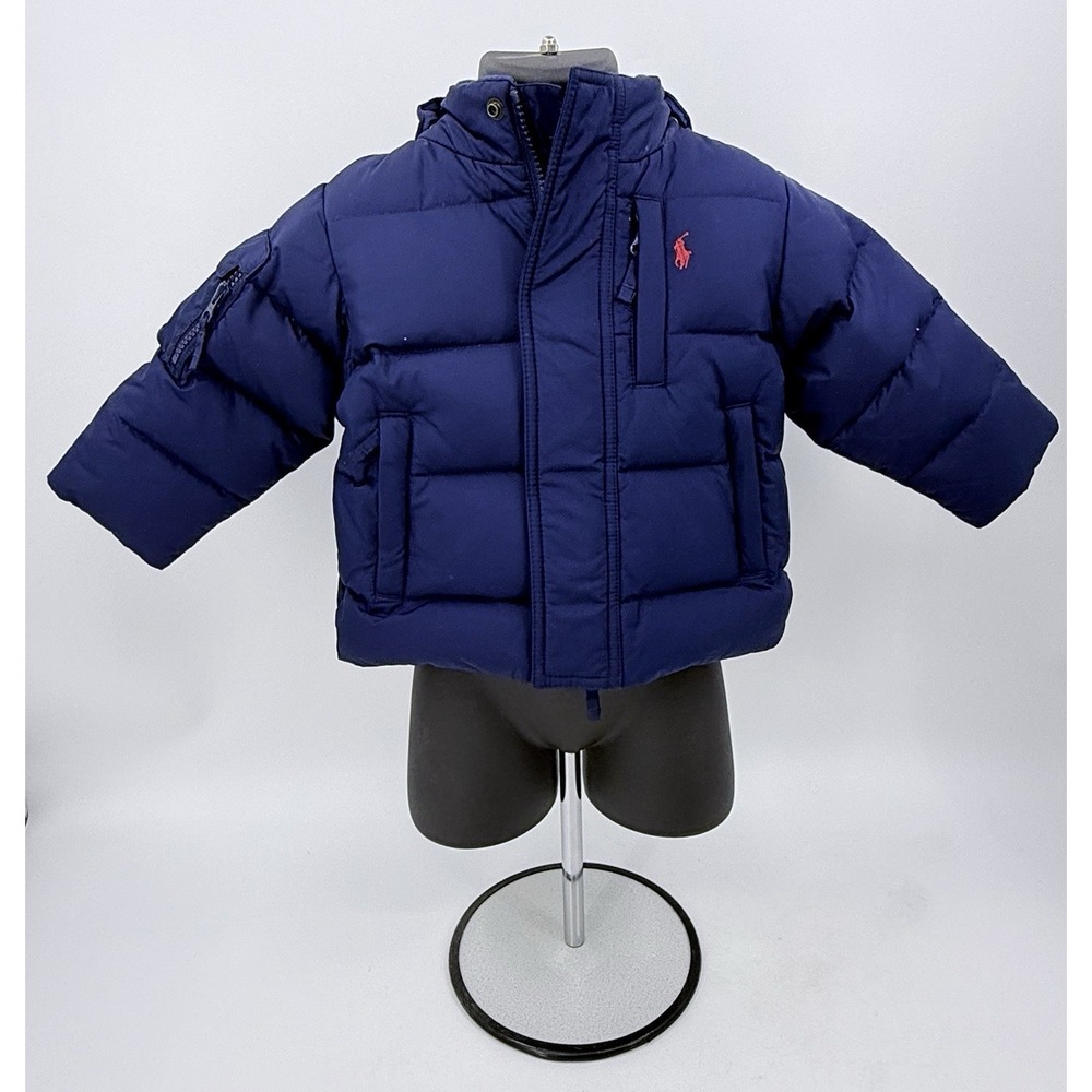 Polo Ralph Lauren Hooded Puffer Down Jacket Coat Size 12M Navy Blue w‎ Red Pony